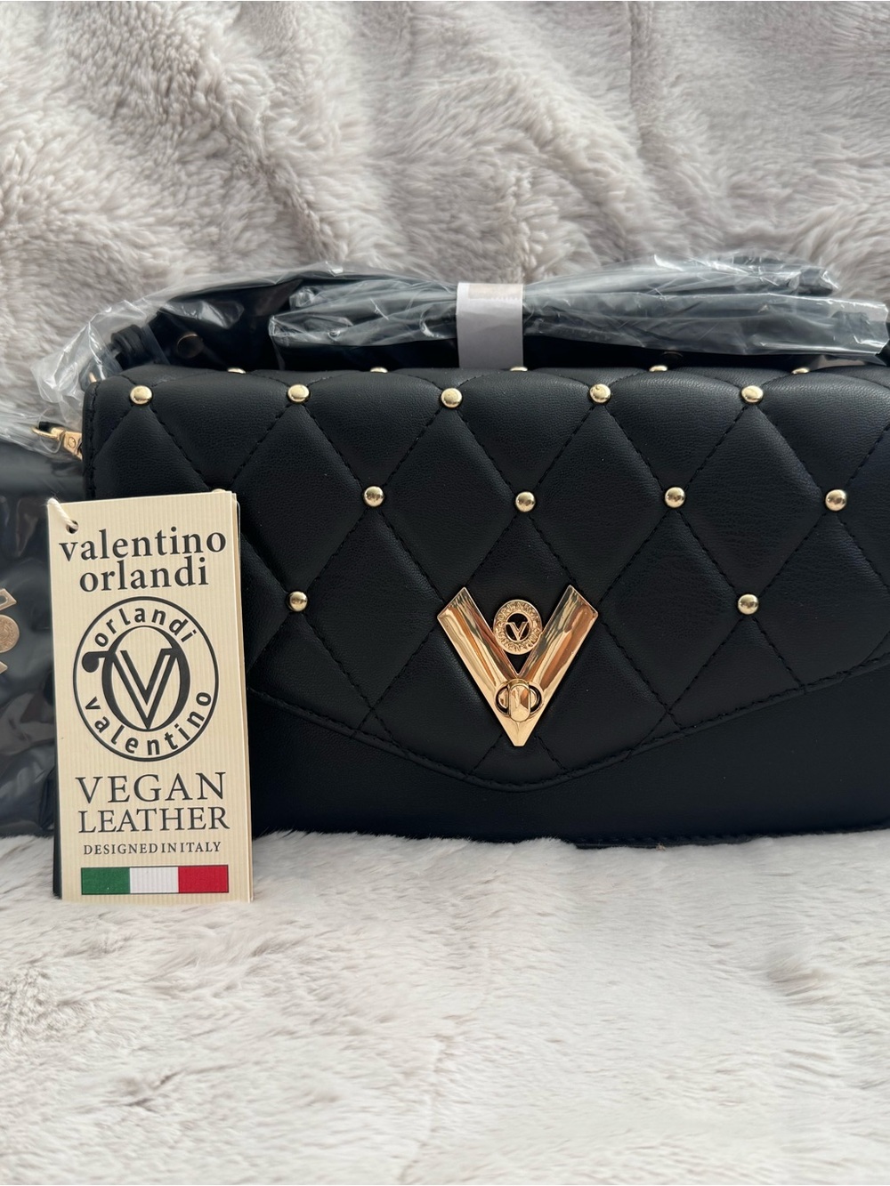 Valentino Orlandi Black Quilted Crossbody Bag with Gold Hardware